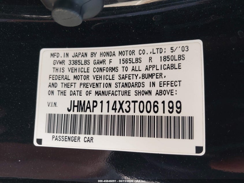 2003 Honda S2000 VIN JHMAP114X3T006199 IAAI salvage auction — REAR END, Salvage (California), sold $10,000 on 2026-09-04 (photo 9)
