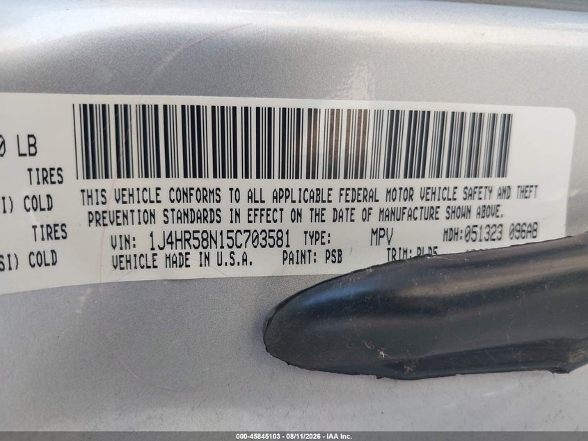 2005 Jeep Grand cherokee VIN 1J4HR58N15C703581 IAAI salvage auction — NORMAL WEAR, Clear - Dealer Only (California), sold $300 on 2026-08-22 (photo 9)