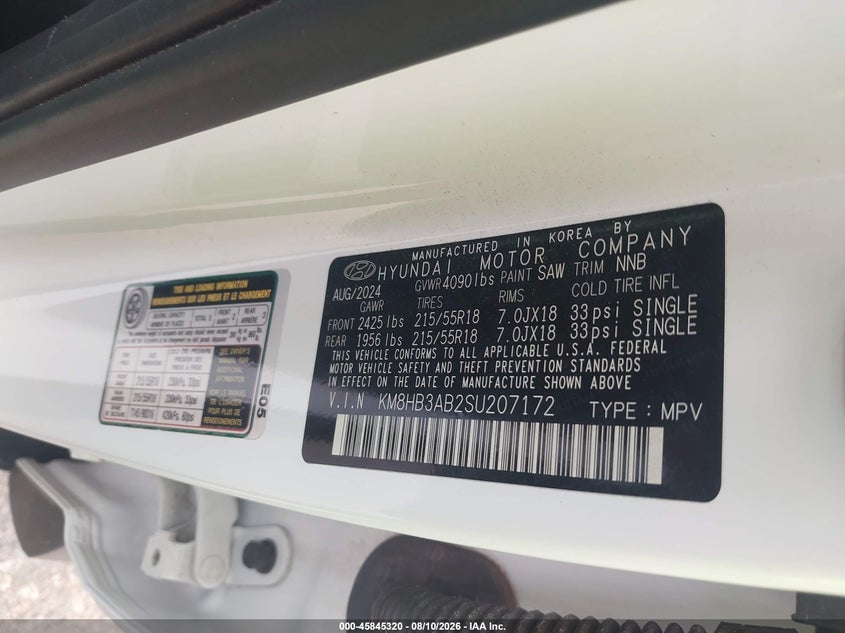 2025 Hyundai Kona VIN KM8HB3AB2SU207172 IAAI salvage auction — REAR END, Salvage Title, sold $12,000 on 2026-08-18 (photo 9)