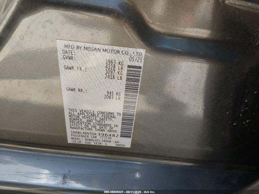 2025 Nissan Altima VIN 1N4BL4DV3SN396482 IAAI salvage auction — FRONT END, Salvage Title, sold $10,250 on 2026-08-20 (photo 9)