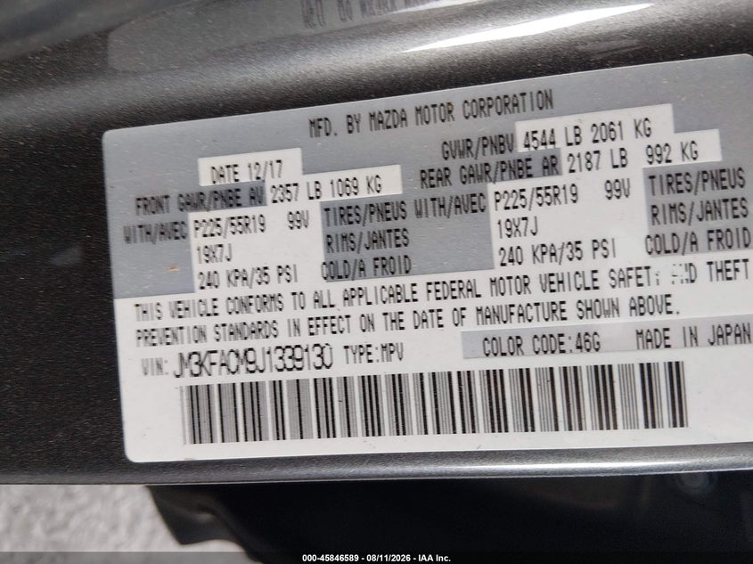 2018 Mazda Cx-5 VIN JM3KFACM9J1339130 IAAI salvage auction — RIGHT FRONT, Salvage (California), sold $4,075 on 2026-08-25 (photo 9)