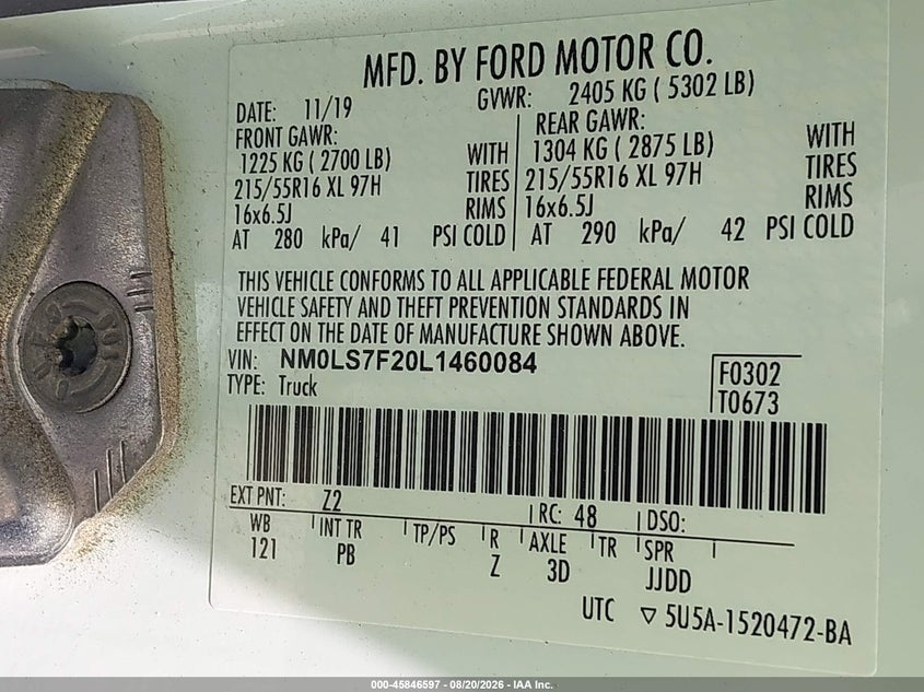 2020 Ford Transit VIN NM0LS7F20L1460084 IAAI salvage auction — FRONT END, Clear (Indiana), sold $9,800 on 2026-09-06 (photo 9)