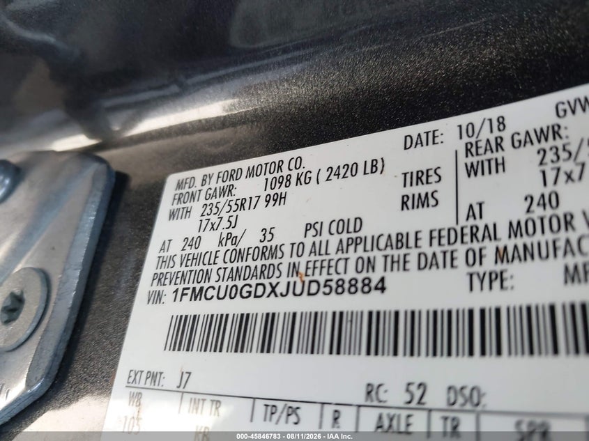 2018 Ford Escape VIN 1FMCU0GDXJUD58884 IAAI salvage auction — NORMAL WEAR, Original (Texas), sold $1,700 on 2026-08-19 (photo 9)