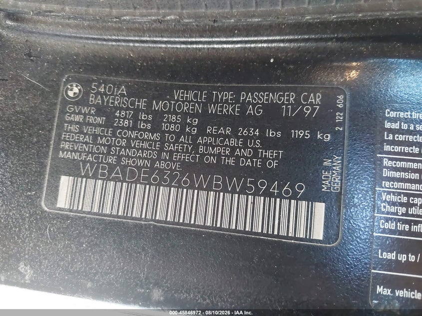 1998 BMW 5 series VIN WBADE6326WBW59469 IAAI salvage auction — NORMAL WEAR, Salvage Title - Dealer (California), sold $300 on 2026-08-27 (photo 9)