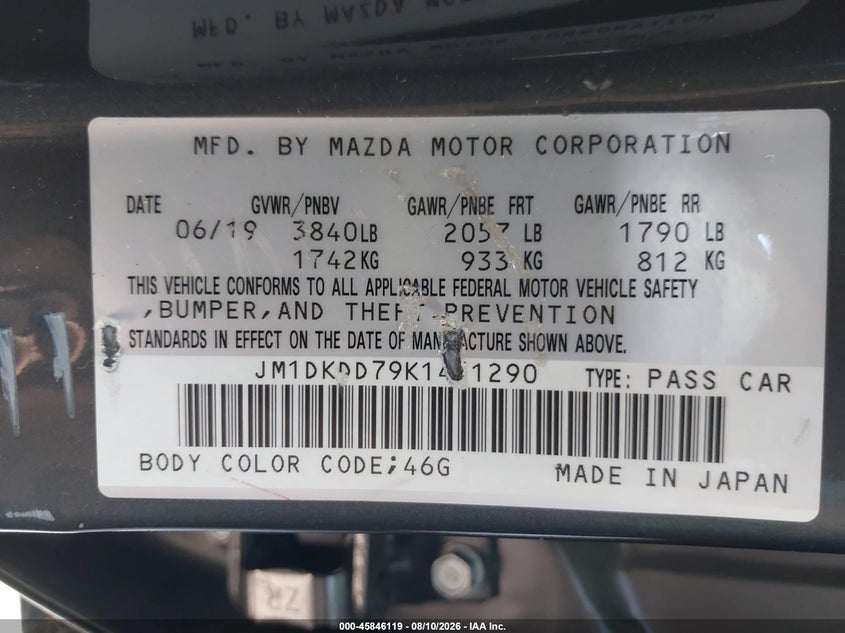 2019 Mazda Cx-3 VIN JM1DKDD79K1451290 IAAI salvage auction — LEFT FRONT, Salvage Certificate (California), sold $2,750 on 2026-09-16 (photo 9)