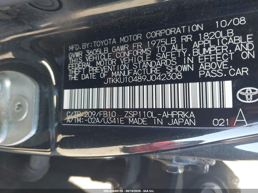 2009 Scion Xd VIN JTKKU10489J042308 IAAI salvage auction — NORMAL WEAR, Salvage Title - Dealer (California), sold $1,300 on 2026-09-02 (photo 9)