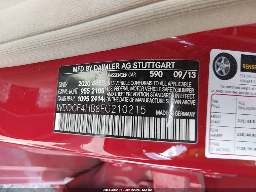 2014 Mercedes-benz C-klasse VIN WDDGF4HB8EG210215 IAAI salvage auction — NORMAL WEAR, Salvage (Florida), sold $375 on 2026-08-20 (photo 9)