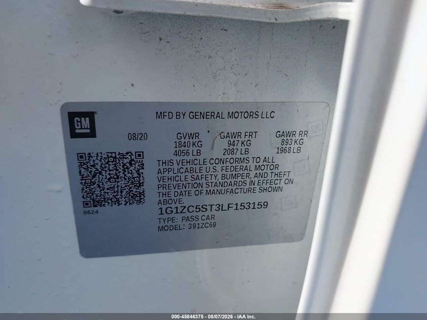 2020 Chevrolet Malibu VIN 1G1ZC5ST3LF153159 IAAI salvage auction — NORMAL WEAR, Bill Of Sale, sold $11,025 on 2026-09-01 (photo 9)