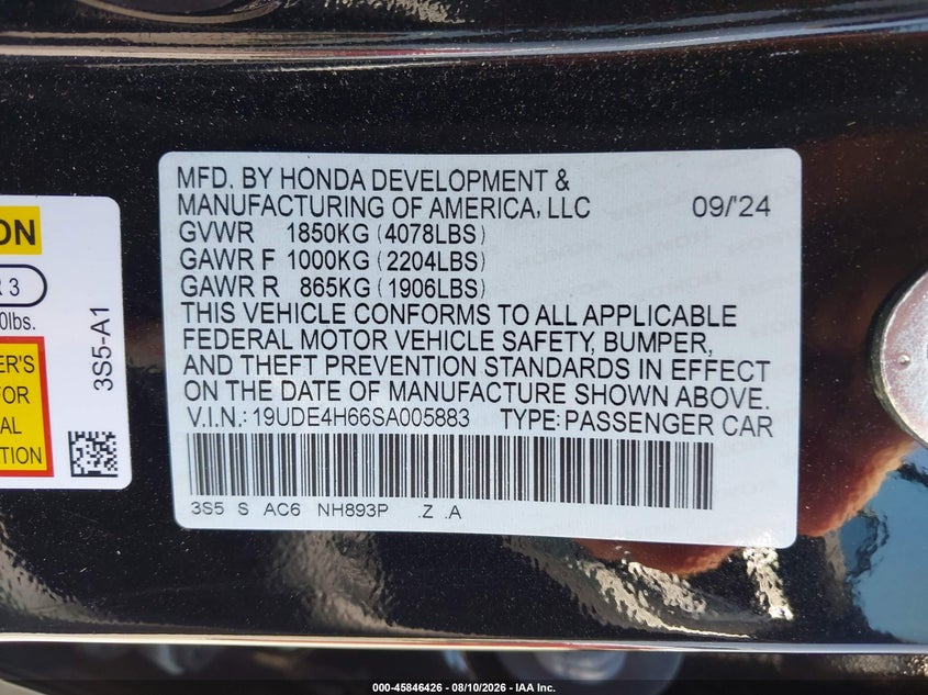 2025 Acura Integra VIN 19UDE4H66SA005883 IAAI salvage auction — FRONT END, Salvage (California), sold $11,500 on 2026-08-21 (photo 9)