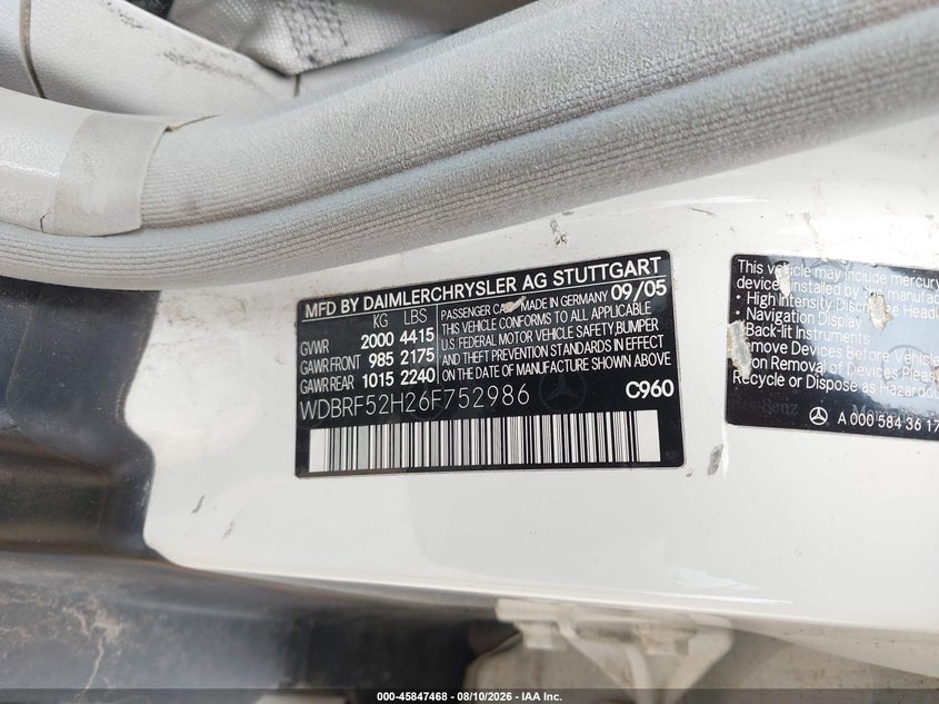 2006 Mercedes-benz C class VIN WDBRF52H26F752986 IAAI salvage auction — NORMAL WEAR, Original (Texas), sold $775 on 2026-08-19 (photo 9)