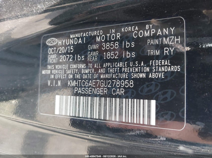2016 Hyundai Veloster VIN KMHTC6AE7GU278958 IAAI salvage auction — NORMAL WEAR, Clear (Virginia), sold $650 on 2026-08-20 (photo 9)