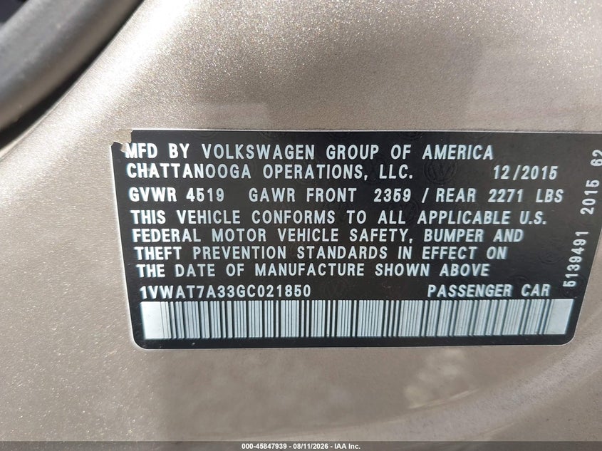 2016 Volkswagen Passat VIN 1VWAT7A33GC021850 IAAI salvage auction — Normal Wear & Tear, Clear, sold $1,650 on 2026-09-21 (photo 9)