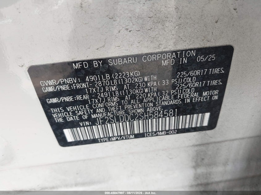 2025 Subaru Forester VIN JF2SLDDC2SH584581 IAAI salvage auction — RIGHT FRONT, Clear - Dealer Only (California), sold $10,900 on 2026-08-24 (photo 9)
