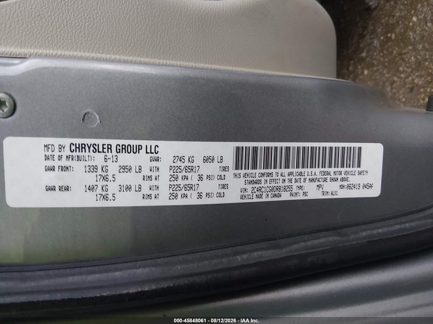 2013 Chrysler Town & country VIN 2C4RC1CG0DR818255 IAAI salvage auction — FRONT END, Salvage (Indiana), sold $550 on 2026-09-08 (photo 9)