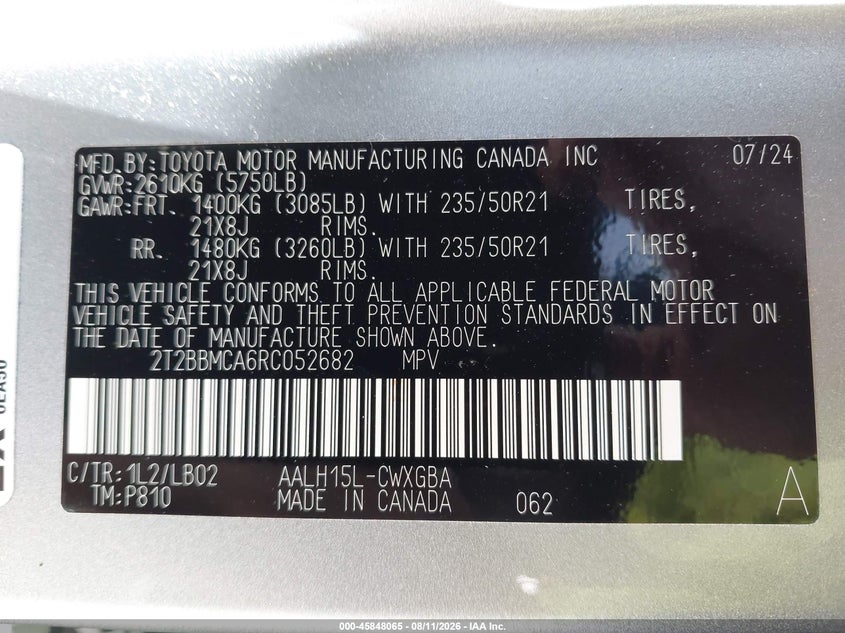 2024 Lexus Rx VIN 2T2BBMCA6RC052682 IAAI salvage auction — FRONT END, Salvage Title, sold $17,600 on 2026-09-08 (photo 9)