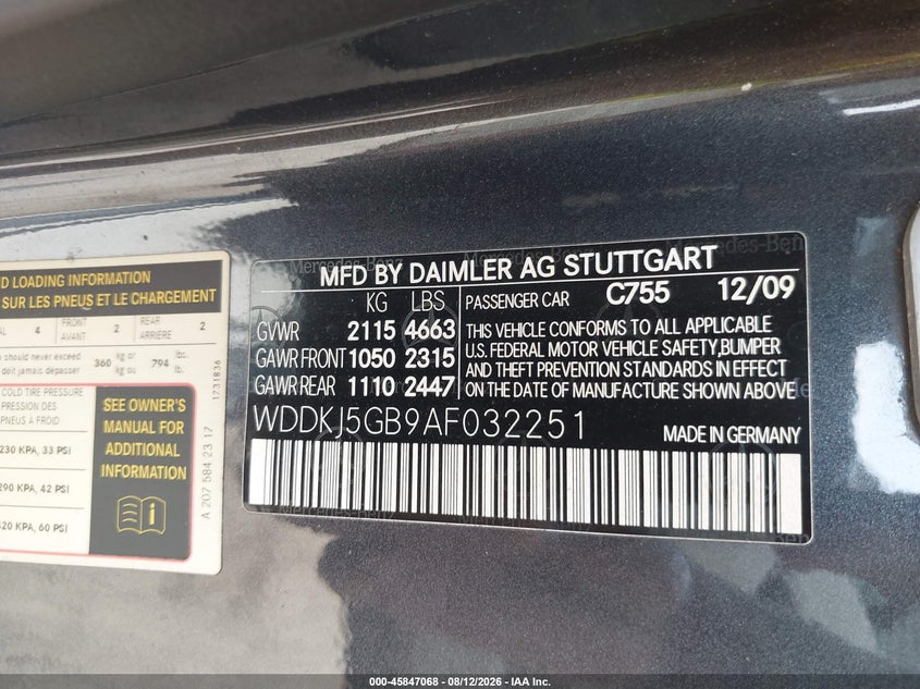 2010 Mercedes-benz E-class VIN WDDKJ5GB9AF032251 IAAI salvage auction — NORMAL WEAR, Clear (Virginia), sold $825 on 2026-08-19 (photo 9)