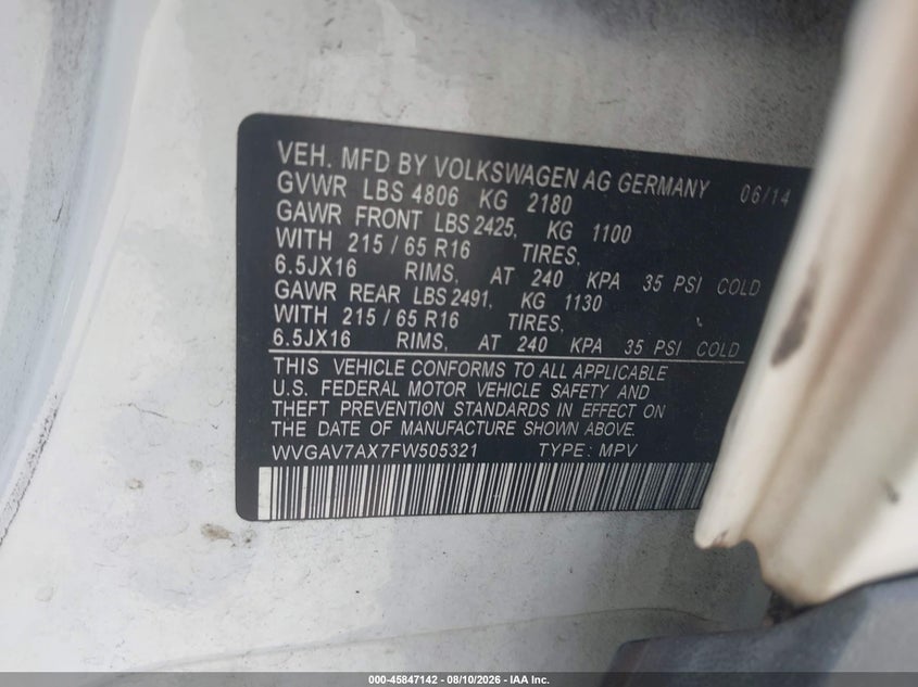 2015 Volkswagen Tiguan VIN WVGAV7AX7FW505321 IAAI salvage auction — NORMAL WEAR, Clear (Florida), sold $475 on 2026-08-18 (photo 9)