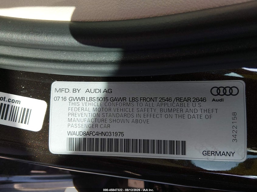 2017 Audi A6 VIN WAUD8AFC4HN031975 IAAI salvage auction — NORMAL WEAR, Original (Texas), sold $10,800 on 2026-08-31 (photo 9)