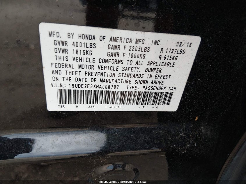 2017 Acura Ilx VIN 19UDE2F3XHA006797 IAAI salvage auction — FRONT END, Original (Texas), sold $3,150 on 2026-09-11 (photo 9)