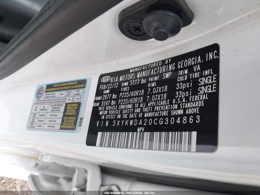 2012 Kia Sorento VIN 5XYKWDA20CG304863 IAAI salvage auction — NORMAL WEAR, Clear (Illinois), sold $1,375 on 2026-09-10 (photo 9)