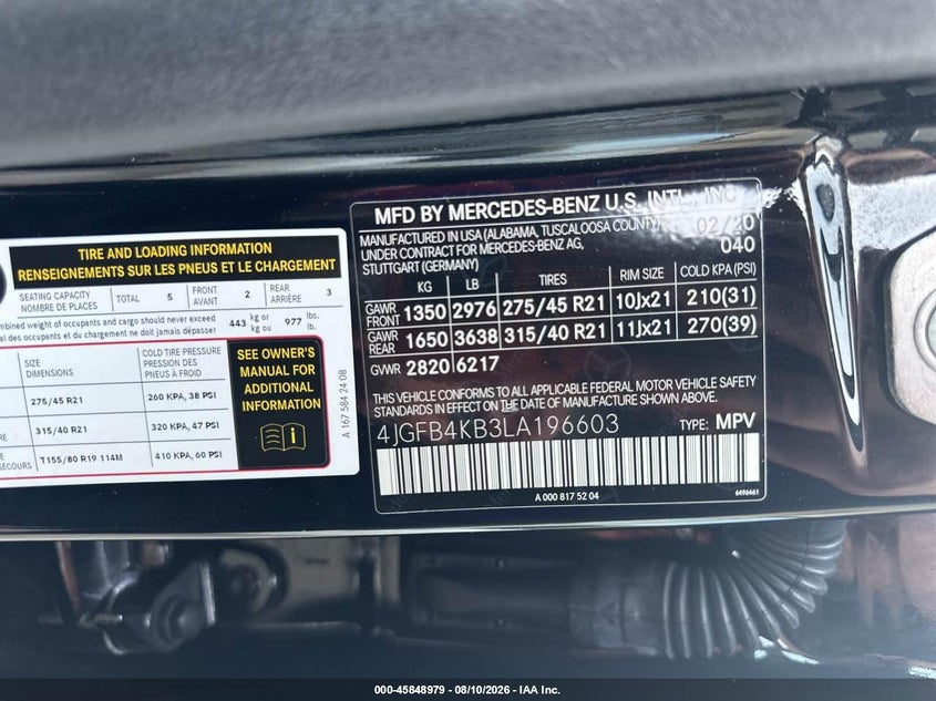 2020 Mercedes-benz Gle VIN 4JGFB4KB3LA196603 IAAI salvage auction — NORMAL WEAR, Salvage Title, sold $27,500 on 2026-08-26 (photo 9)