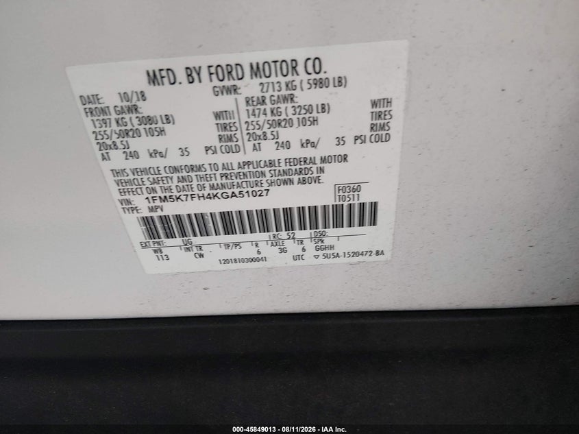 2019 Ford Explorer VIN 1FM5K7FH4KGA51027 IAAI salvage auction — NORMAL WEAR, Original (Texas), sold $7,650 on 2026-08-28 (photo 9)