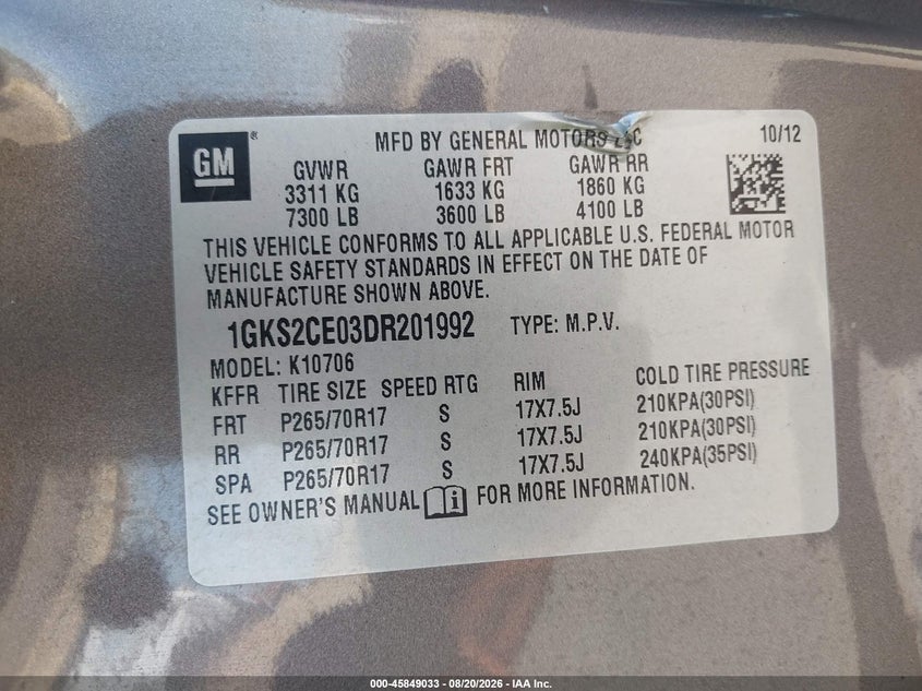2013 Gmc Yukon VIN 1GKS2CE03DR201992 IAAI salvage auction — FRONT END, Salvage (Mississippi), sold $0 on 2026-09-19 (photo 9)