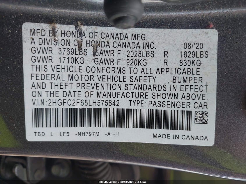 2020 Honda Civic VIN 2HGFC2F65LH575642 IAAI salvage auction — FRONT END, Wait Title, sold $5,050 on 2026-09-08 (photo 9)