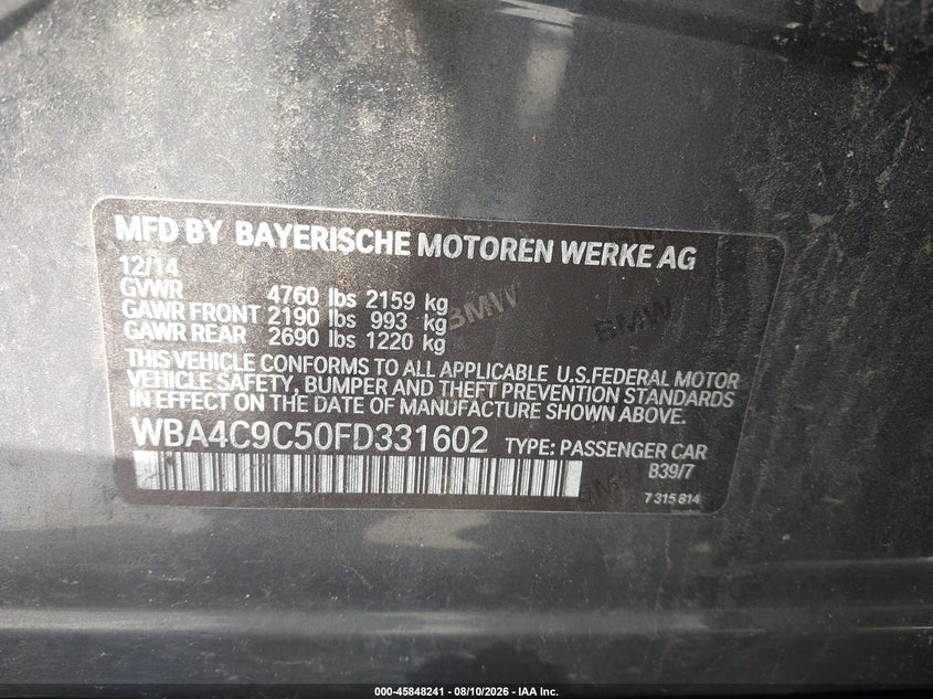 2015 BMW 4 series VIN WBA4C9C50FD331602 IAAI salvage auction — NORMAL WEAR, Clear (Pennsylvania), sold $1,500 on 2026-09-01 (photo 9)