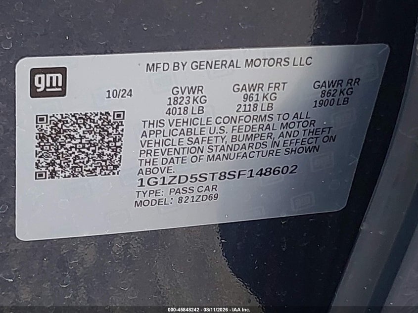 2025 Chevrolet Malibu VIN 1G1ZD5ST8SF148602 IAAI salvage auction — SIDE, Wait Title, sold $7,550 on 2026-08-20 (photo 9)