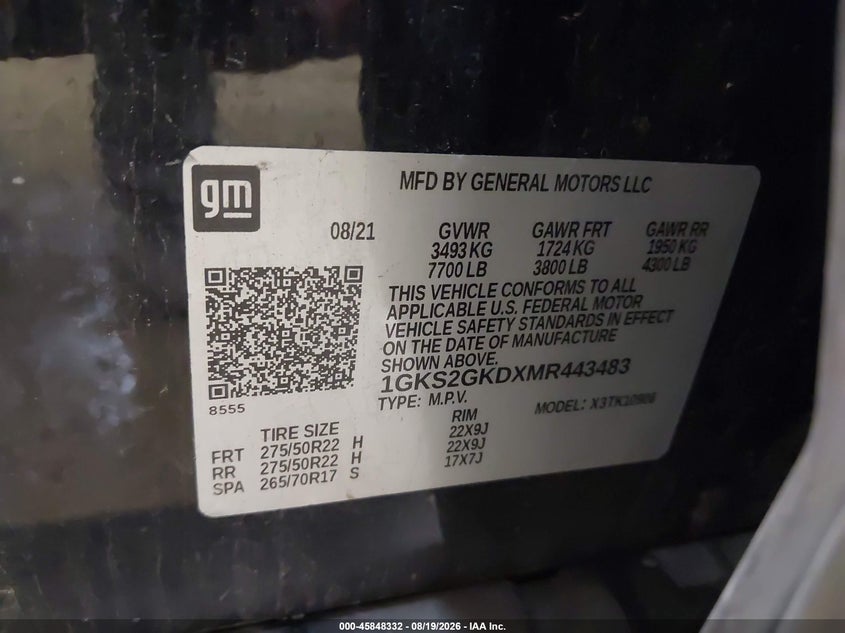2021 Gmc Yukon VIN 1GKS2GKDXMR443483 IAAI salvage auction — HAIL, Salvage (Pennsylvania), sold $15,900 on 2026-08-27 (photo 9)
