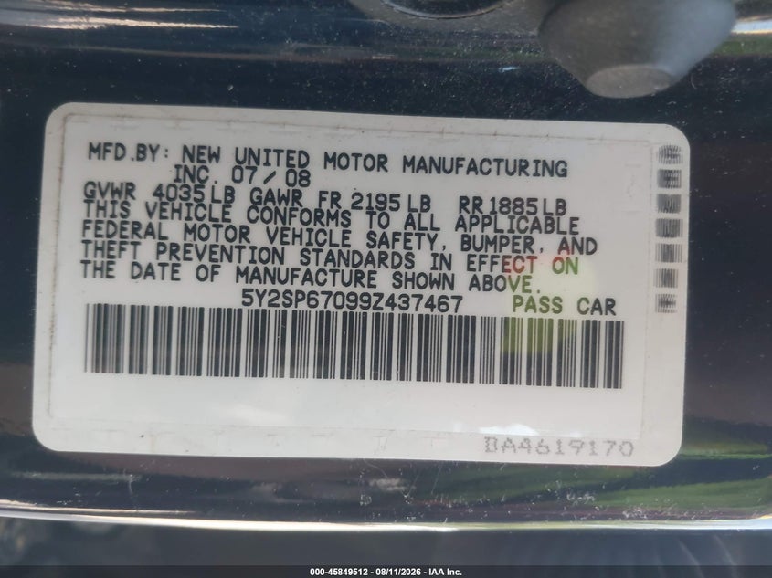 2009 Pontiac Vibe VIN 5Y2SP67099Z437467 IAAI salvage auction — NORMAL WEAR, Clear (Massachusetts), sold $500 on 2026-09-11 (photo 9)