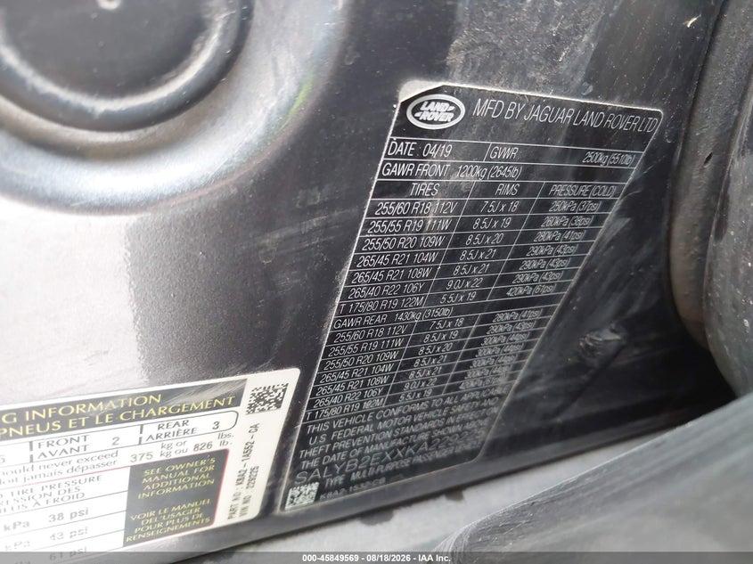 2019 Land rover Range rover velar VIN SALYB2EXXKA229225 IAAI salvage auction — ROOF, Salvage (Indiana), sold $11,000 on 2026-09-08 (photo 9)