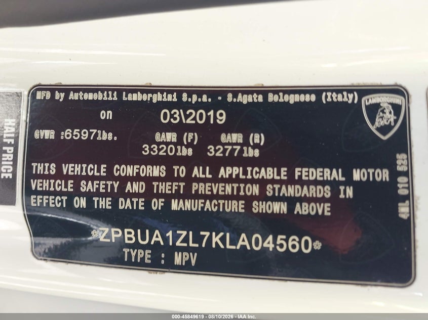 2019 Lamborghini Urus VIN ZPBUA1ZL7KLA04560 IAAI salvage auction — ALL OVER, Salvage Title, sold $101,025 on 2026-08-13 (photo 9)
