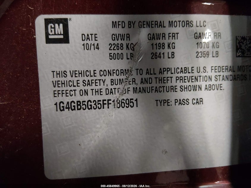 2015 Buick Lacrosse VIN 1G4GB5G35FF186951 IAAI salvage auction — SIDE, Salvage Title, sold $2,550 on 2026-09-06 (photo 9)