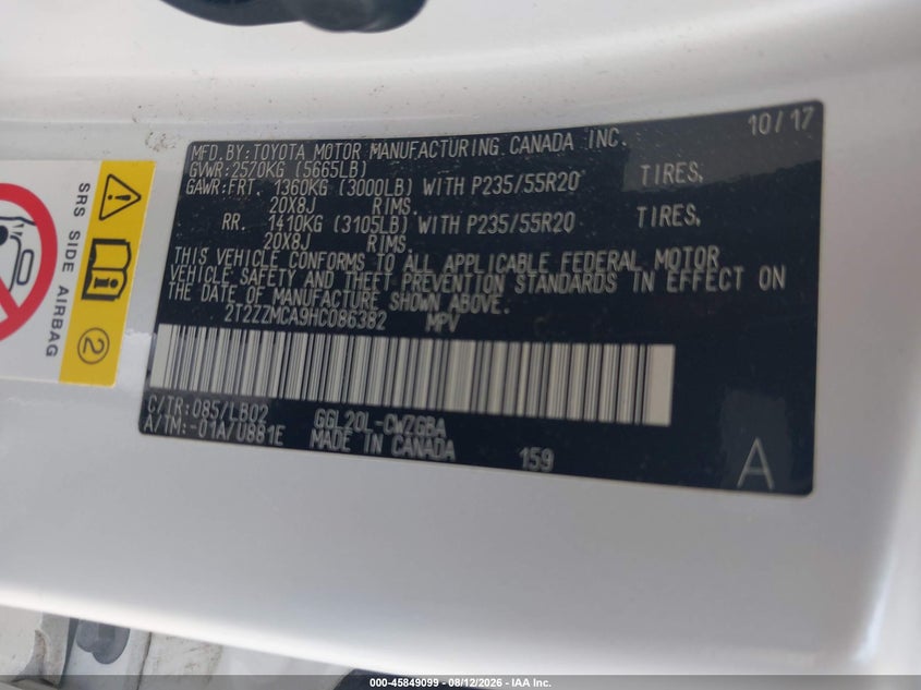2017 Lexus Rx VIN 2T2ZZMCA9HC086382 IAAI salvage auction — ALL OVER, Salvage (Georgia), sold $11,625 on 2026-09-08 (photo 9)