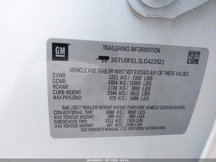 2020 Gmc SIERRA VIN 3GTU9FEL3LG422521 IAAI salvage auction — FRONT END, Wait Title, sold $16,900 on 2026-08-31 (photo 9)