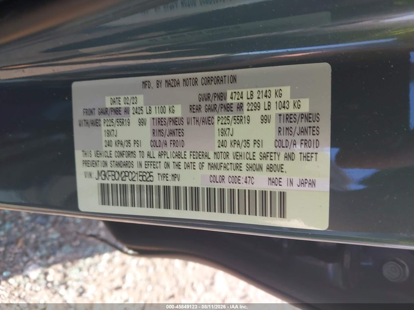 2023 Mazda Cx-5 VIN JM3KFBCM2P0215625 IAAI salvage auction — SIDE, Wait Title, sold $8,500 on 2026-09-15 (photo 9)