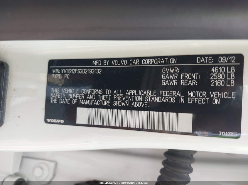 2013 Volvo S60 VIN YV1612FS3D2193132 IAAI salvage auction — FRONT END, Salvage Title, sold $400 on 2026-08-18 (photo 9)