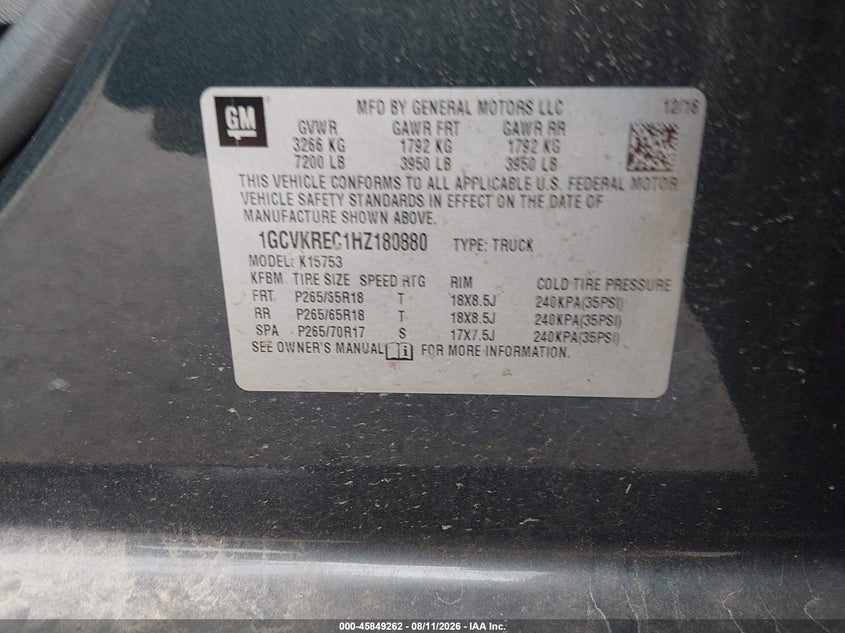 2017 Chevrolet Silverado VIN 1GCVKREC1HZ180880 IAAI salvage auction — UNDERCARRIAGE, Salvage Title, sold $5,500 on 2026-09-30 (photo 9)