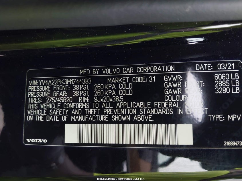 2021 Volvo Xc90 VIN YV4A22PK3M1744383 IAAI salvage auction — LEFT SIDE, Salvage Title, sold $12,300 on 2026-08-21 (photo 9)