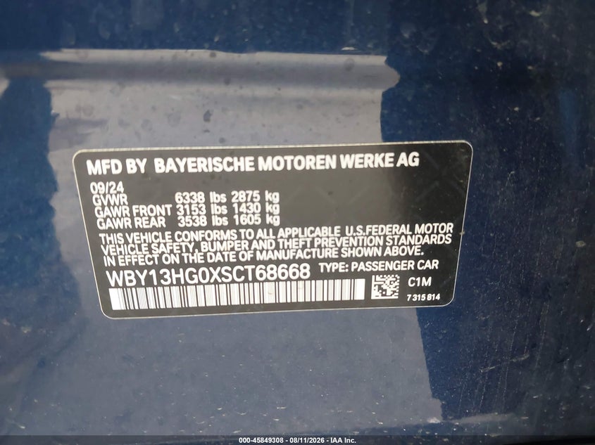 2025 BMW I5 VIN WBY13HG0XSCT68668 IAAI salvage auction — FRONT END, Salvage Title, sold $26,350 on 2026-09-01 (photo 9)