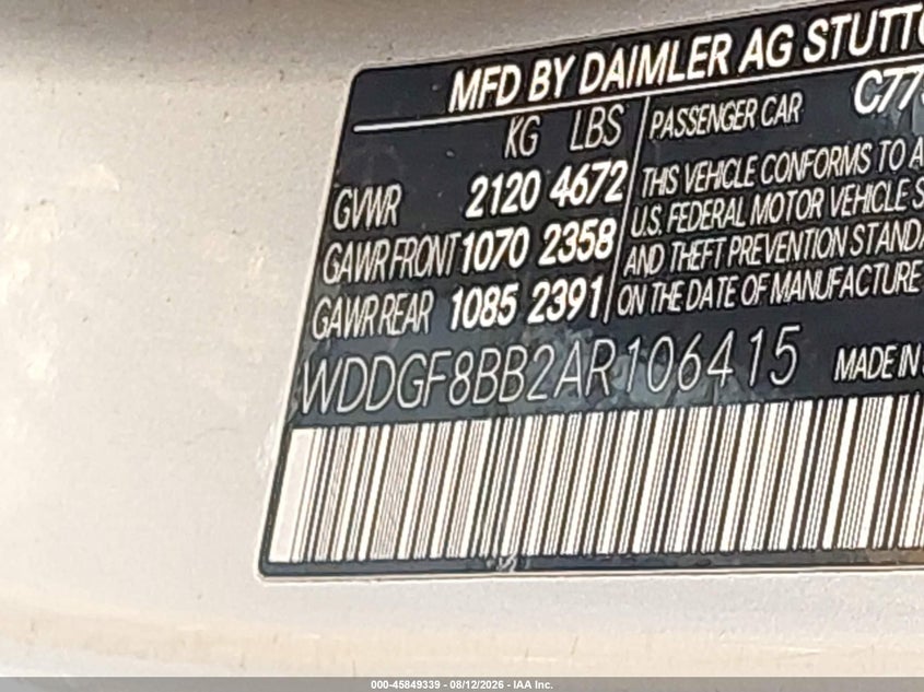 2010 Mercedes-benz C class VIN WDDGF8BB2AR106415 IAAI salvage auction — FRONT & REAR, Clear (New York), sold $450 on 2026-08-18 (photo 9)