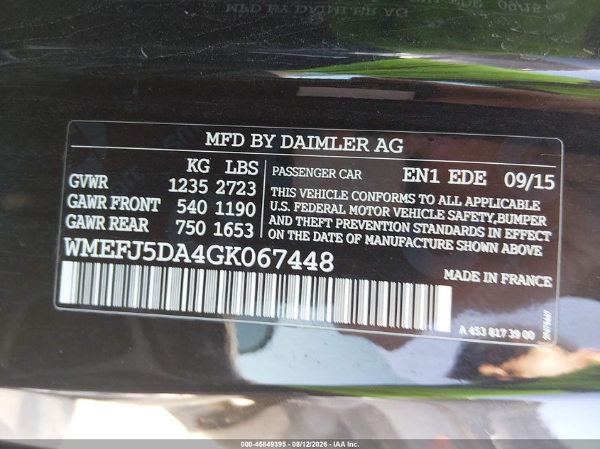 2016 Smart Fortwo VIN WMEFJ5DA4GK067448 IAAI salvage auction — NORMAL WEAR, Original (Texas), sold $2,075 on 2026-09-01 (photo 9)