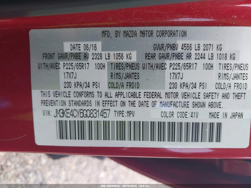 2016 Mazda Cx-5 VIN JM3KE4CY6G0831457 IAAI salvage auction — NORMAL WEAR, Clear (Virginia), sold $2,875 on 2026-09-02 (photo 9)