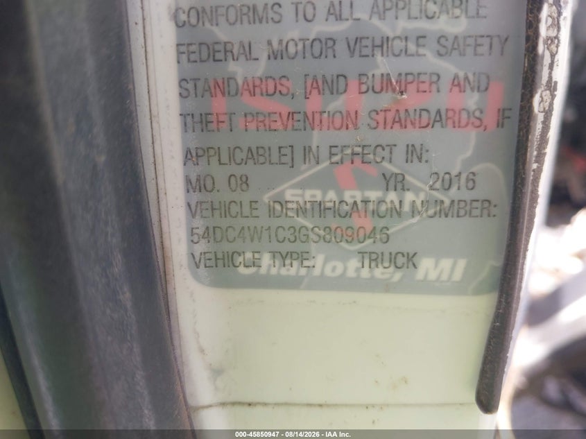 2016 Isuzu VIN 54DC4W1C3GS809046 IAAI salvage auction — ROLLOVER, Salvage (Texas), sold $3,500 on 2026-09-08 (photo 9)