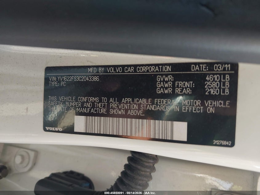 2012 Volvo S60 VIN YV1622FS3C2043386 IAAI salvage auction — NORMAL WEAR, Clear (North Carolina), sold $575 on 2026-08-19 (photo 9)