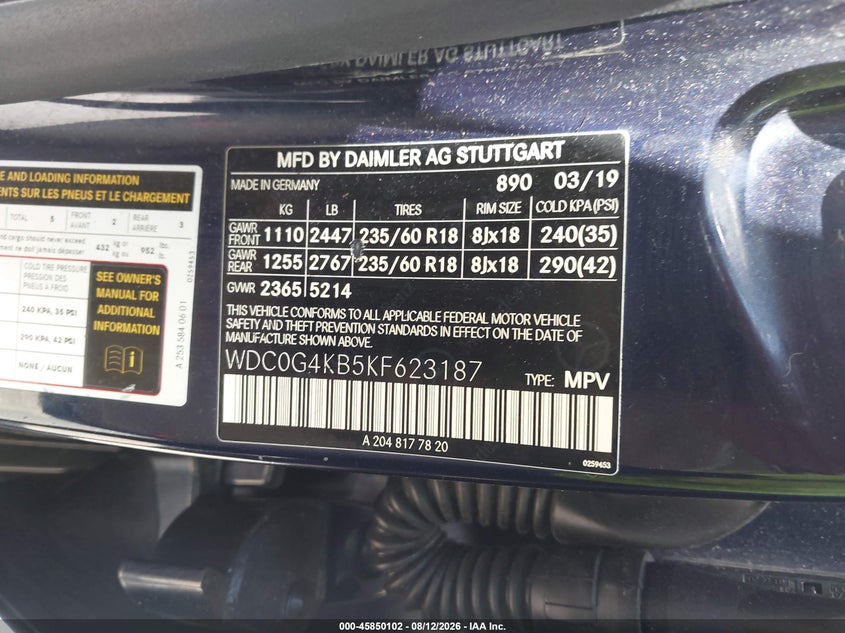 2019 Mercedes-benz Glc VIN WDC0G4KB5KF623187 IAAI salvage auction — NORMAL WEAR, Original (Texas), sold $6,000 on 2026-08-19 (photo 9)