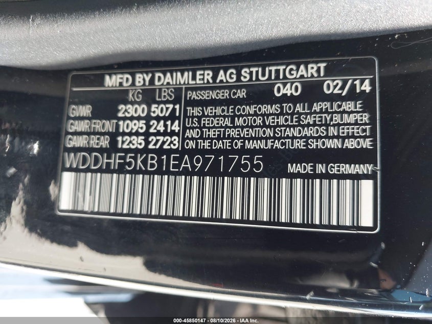 2014 Mercedes-benz E-class VIN WDDHF5KB1EA971755 IAAI salvage auction — NORMAL WEAR, Salvage Title - Dealer (California), sold $250 on 2026-08-19 (photo 9)