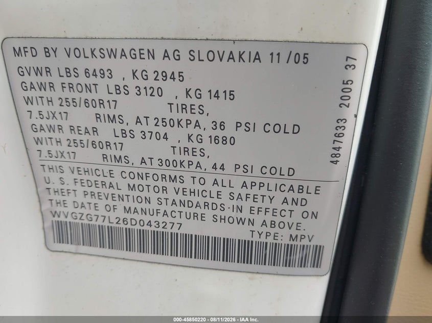 2006 Volkswagen Touareg VIN WVGZG77L26D043277 IAAI salvage auction — NORMAL WEAR, Clear (Pennsylvania), sold $400 on 2026-08-18 (photo 9)